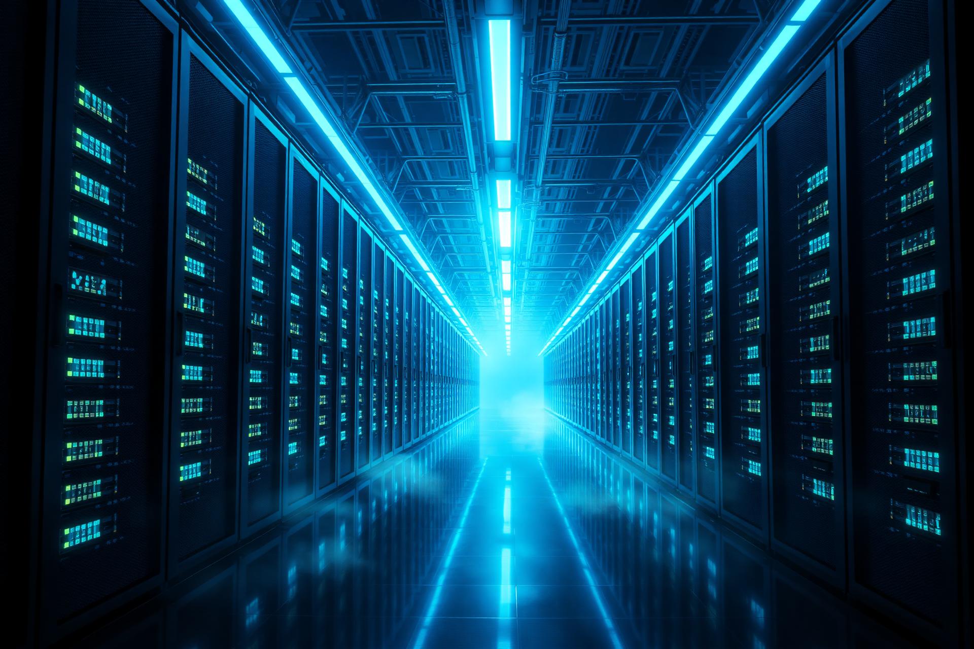 Hyperscale data center aisle illuminated with cyan light